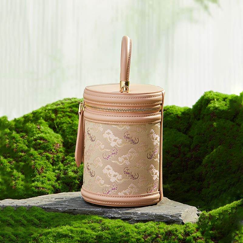 Song Brocade Leather Bucket Cylinder Bag - SinoCultural -- P11017902BG -