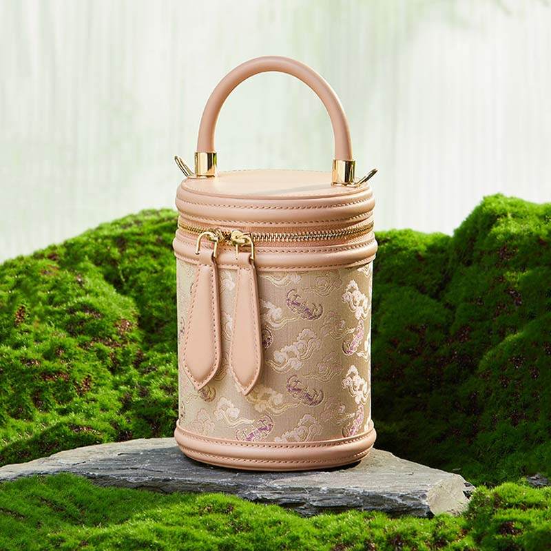 Song Brocade Leather Bucket Cylinder Bag - SinoCultural -- P11017902BG -