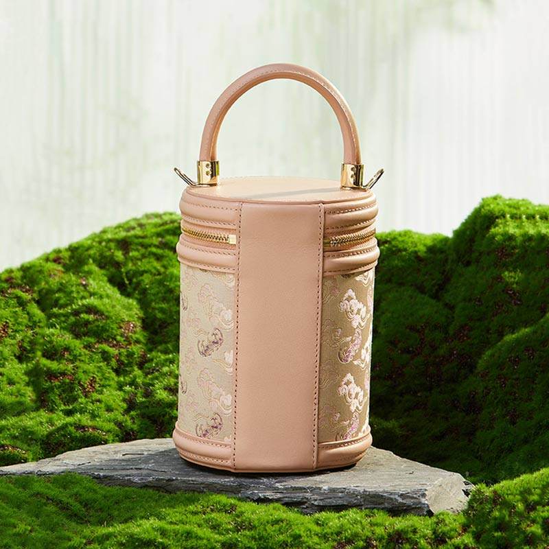 Song Brocade Leather Bucket Cylinder Bag - SinoCultural -- P11017902BG -