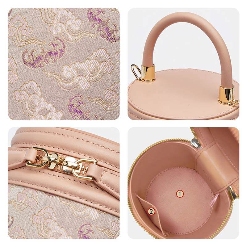 Song Brocade Leather Bucket Cylinder Bag - SinoCultural -- P11017902BG -