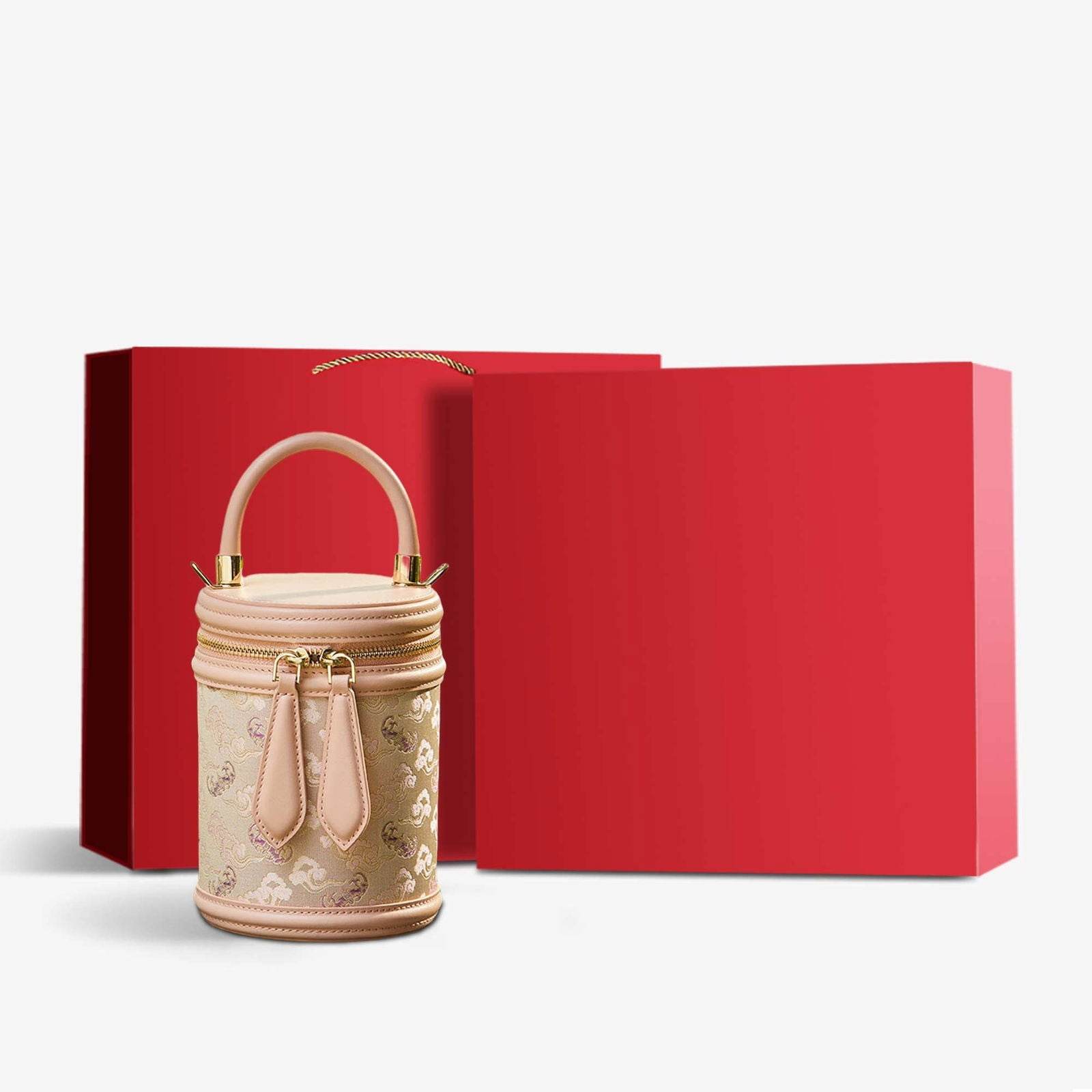 Song Brocade Leather Bucket Cylinder Bag - SinoCultural -- P11017902BG -