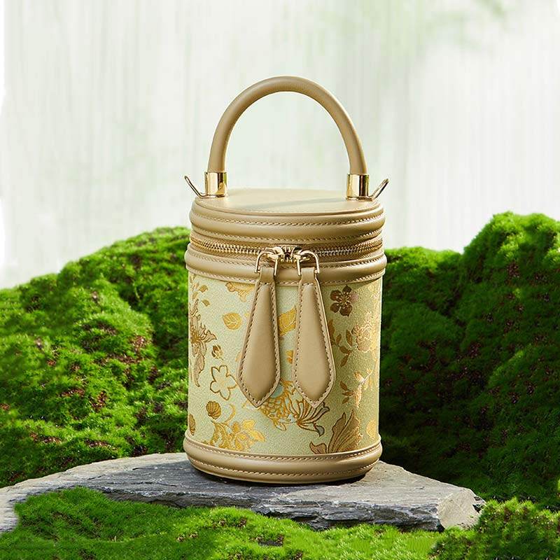 Song Brocade Leather Bucket Cylinder Bag - SinoCultural -- P11017902BN