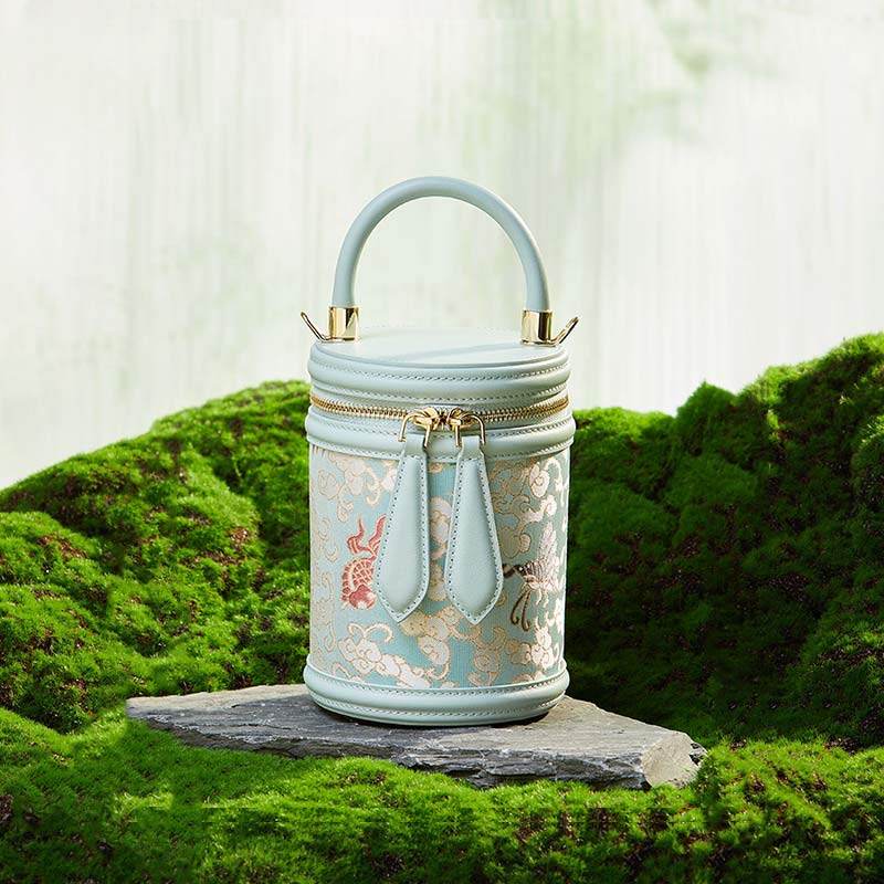 Song Brocade Leather Bucket Cylinder Bag - SinoCultural -- P11017902LB-2 -