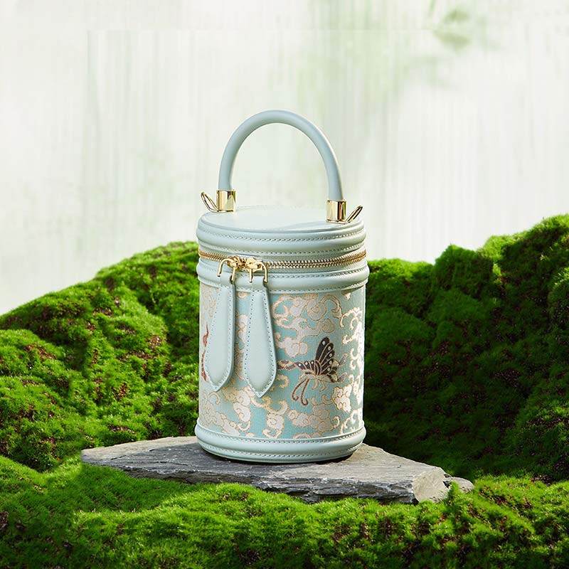 Song Brocade Leather Bucket Cylinder Bag - SinoCultural -- P11017902LB-2 -