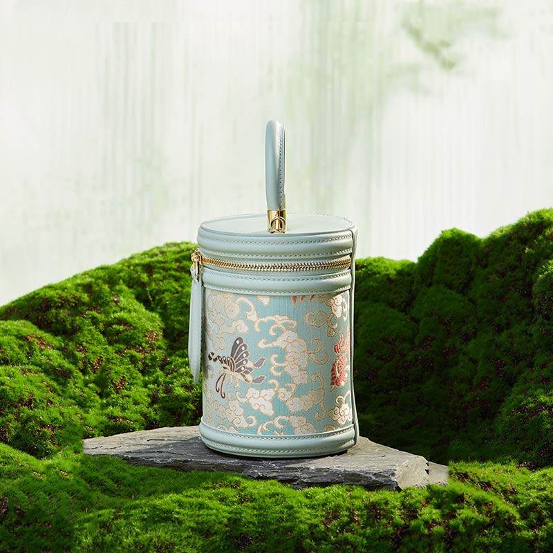 Song Brocade Leather Bucket Cylinder Bag - SinoCultural -- P11017902LB-2 -