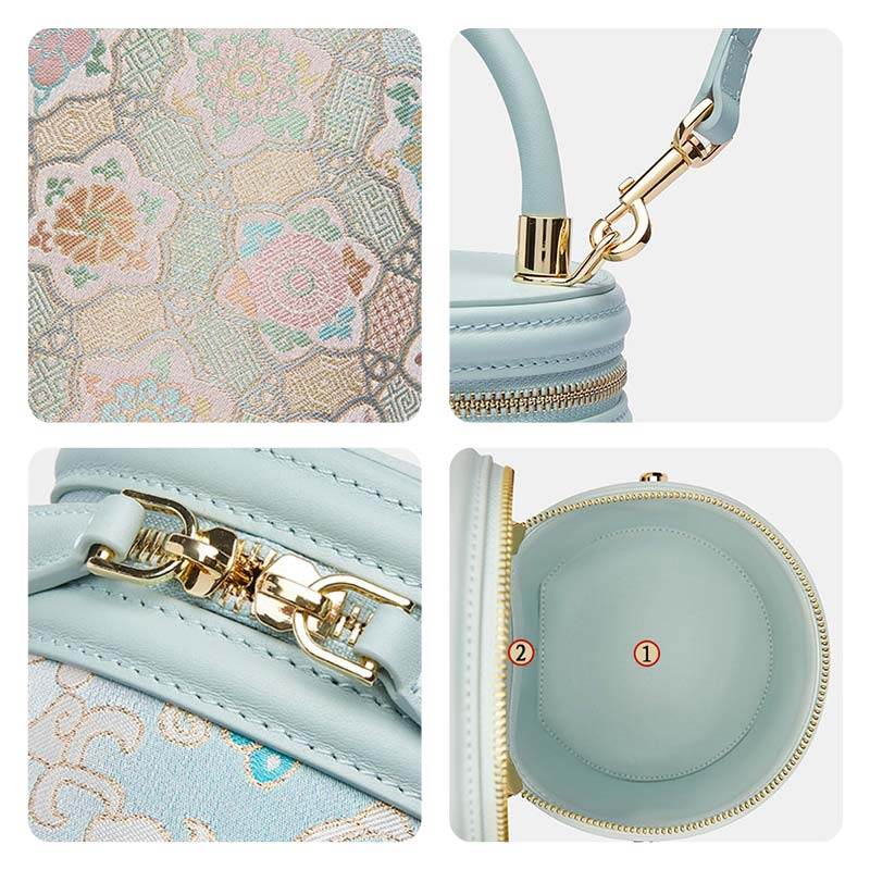 Song Brocade Leather Bucket Cylinder Bag - SinoCultural -- P11017902LB-2 -