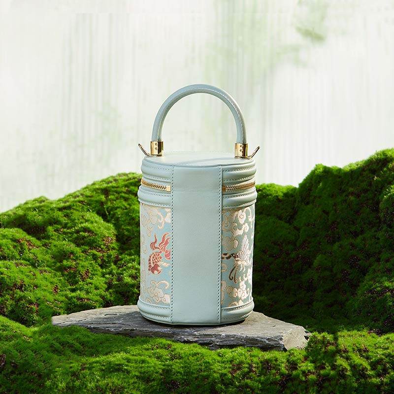 Song Brocade Leather Bucket Cylinder Bag - SinoCultural -- P11017902LB-2 -