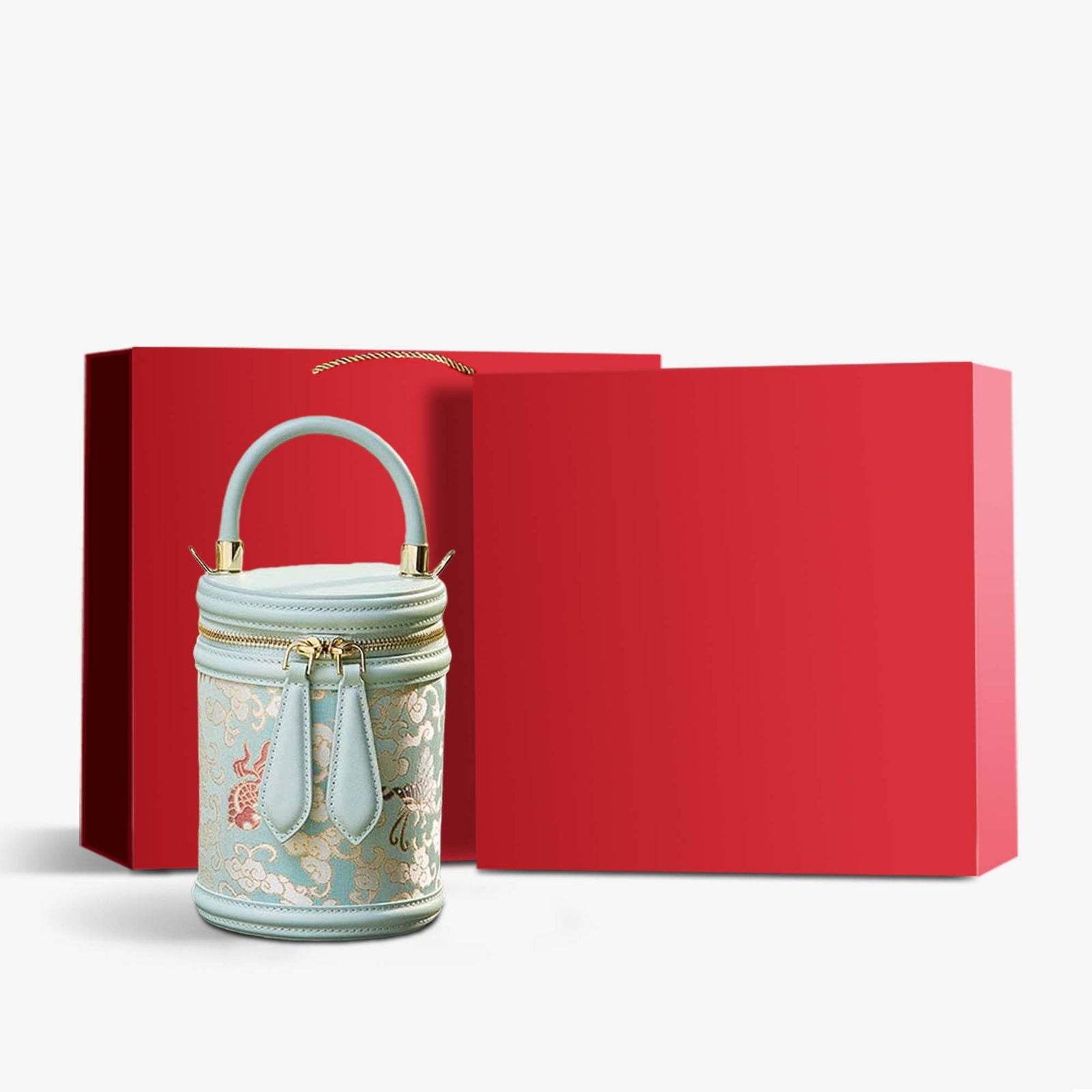 Song Brocade Leather Bucket Cylinder Bag - SinoCultural -- P11017902LB-2 -