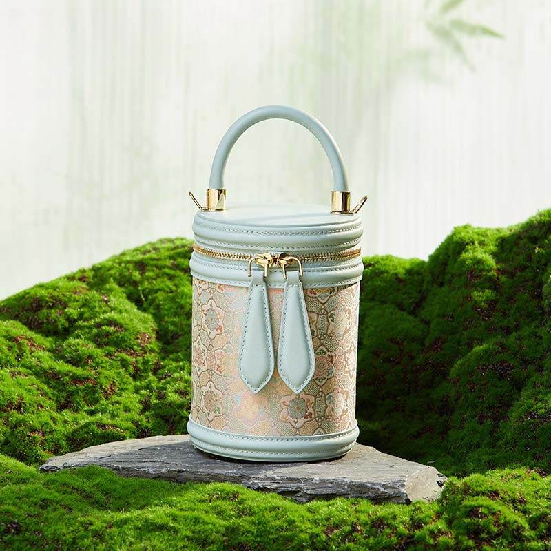 Song Brocade Leather Bucket Cylinder Bag - SinoCultural -- P11017902LB-1