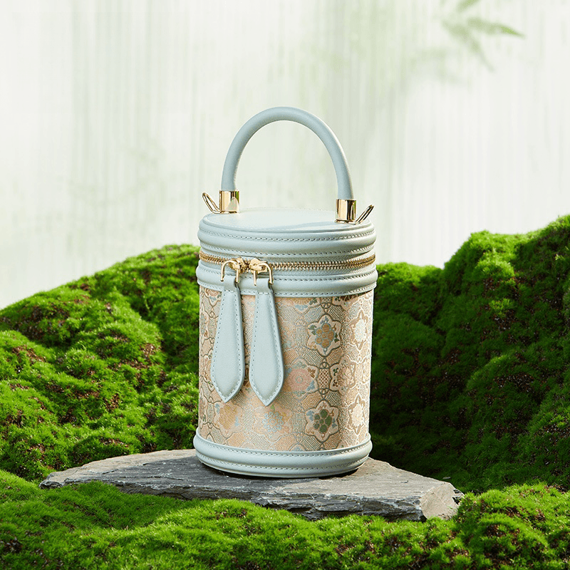 Song Brocade Leather Bucket Cylinder Bag - SinoCultural -- P11017902LB-1