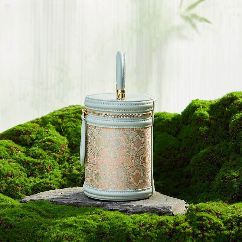 Song Brocade Leather Bucket Cylinder Bag - SinoCultural -- P11017902LB-1