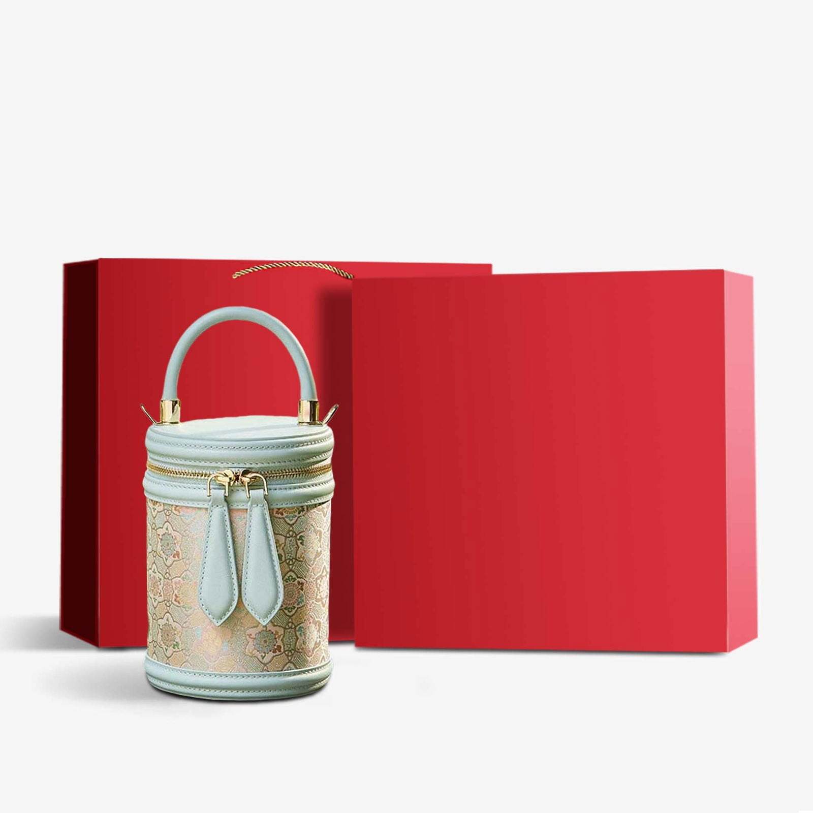 Song Brocade Leather Bucket Cylinder Bag - SinoCultural -- P11017902LB-1