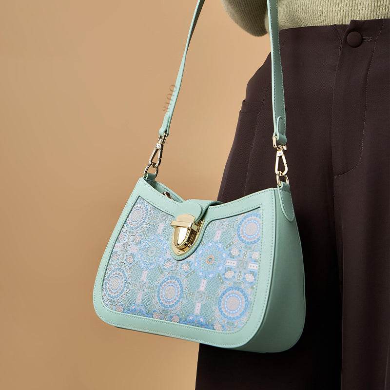 Song Brocade Leather Green Shoulder Bag Badayun Pattern - SinoCultural -- FJ270038-2 -