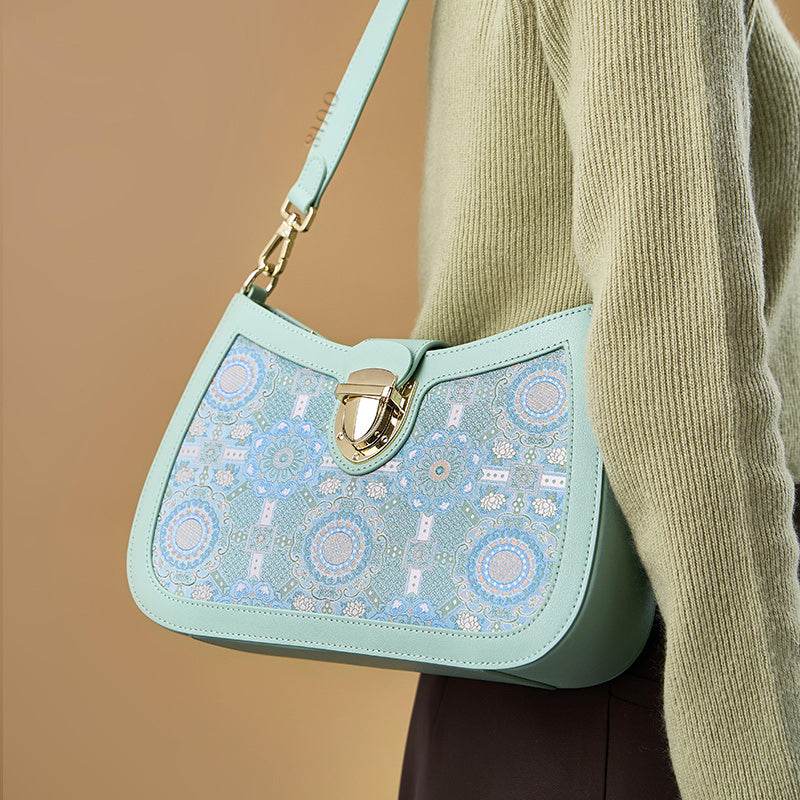 Song Brocade Leather Green Shoulder Bag Badayun Pattern - SinoCultural -- FJ270038-2 -