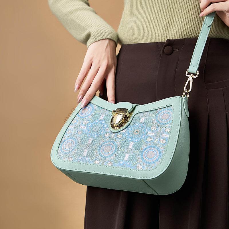 Song Brocade Leather Green Shoulder Bag Badayun Pattern - SinoCultural -- FJ270038-2 -