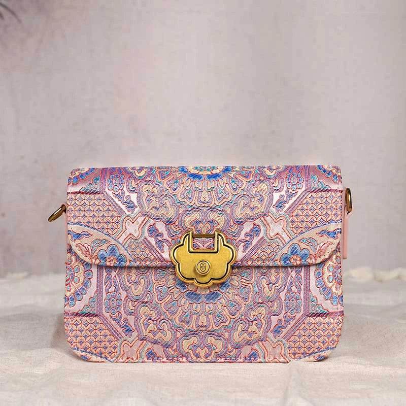 Song Brocade Leather Luxurious Powder Pink Clutch Handbag - SinoCultural -- W2144-2