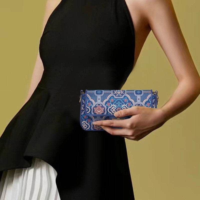 Song Brocade Leather Mulberry Silk Blue Shoulder Evening Bag - SinoCultural -- P12064802B