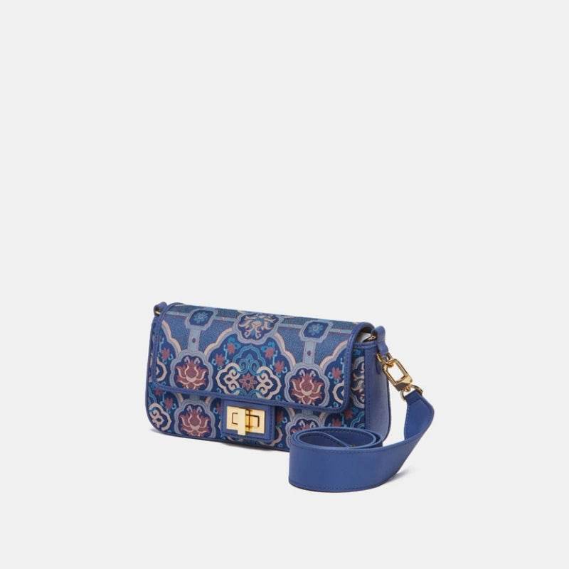 Song Brocade Leather Mulberry Silk Blue Shoulder Evening Bag - SinoCultural -- P12064802B