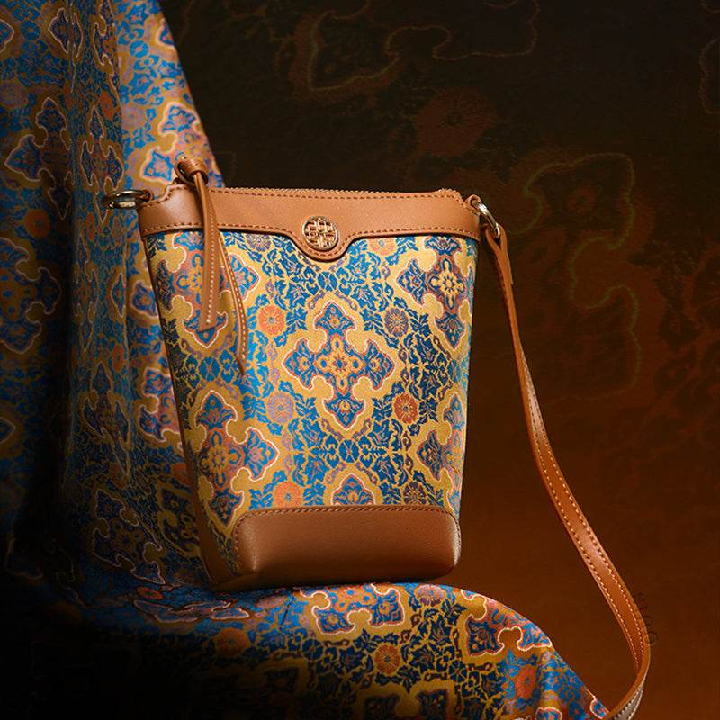 Song Brocade Leather Crossbody Mobile Phone Bag Four Harmonies and Ruyi Pattern - SinoCultural -- P220608