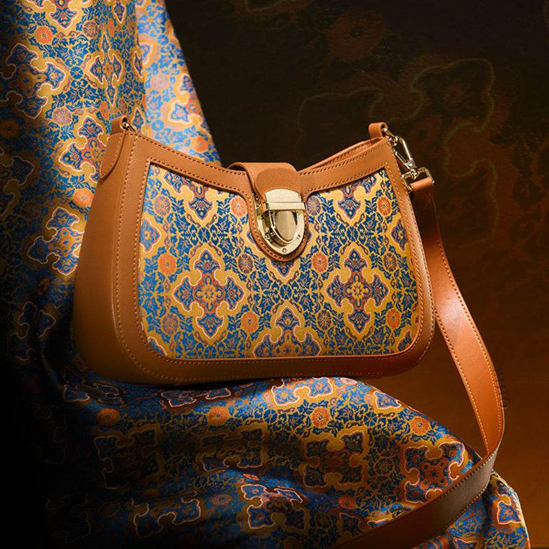Song Brocade Leather Shoulder Underarm Bag Four Harmonies and Ruyi Pattern - SinoCultural -- P270038 -