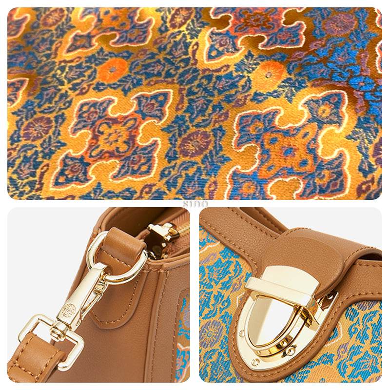 Song Brocade Leather Shoulder Underarm Bag Four Harmonies and Ruyi Pattern - SinoCultural -- P270038 -
