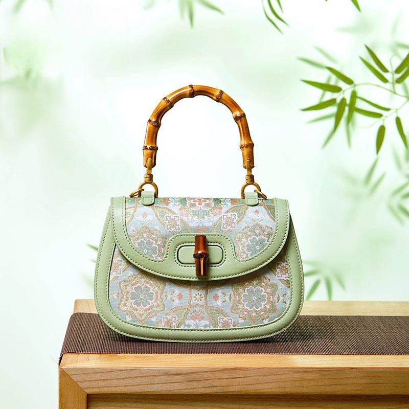 Song Brocade Mulberry Silk Bamboo Handle Handbag - SinoCultural -- P12062902-1