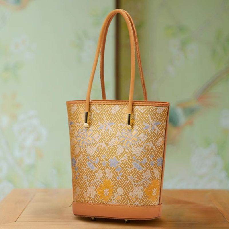 Song Brocade Mulberry Silk Tote Bucket Bag - SinoCultural -- P120636