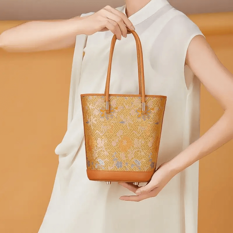 Song Brocade Mulberry Silk Tote Bucket Bag - SinoCultural -- P120636