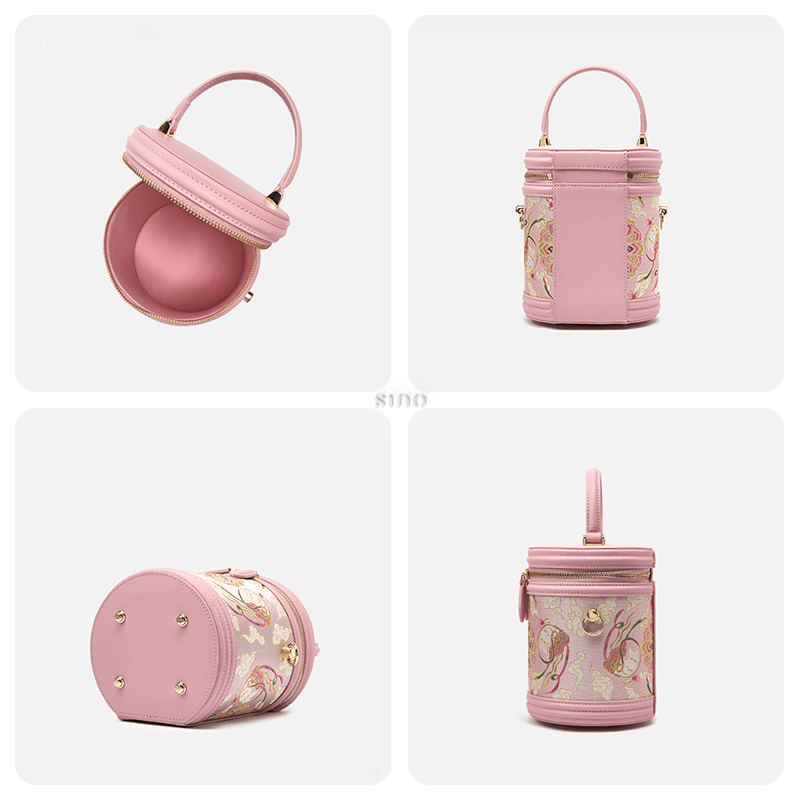 Song Brocade Powder Pink Bucket Bag Lotus & Lucky Rabbit Pattern - SinoCultural -- P12065102