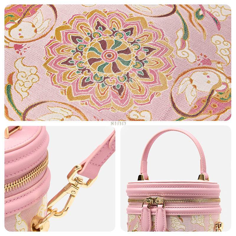 Song Brocade Powder Pink Bucket Bag Lotus & Lucky Rabbit Pattern - SinoCultural -- P12065102