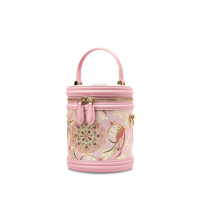 Song Brocade Powder Pink Bucket Bag Lotus & Lucky Rabbit Pattern - SinoCultural -- P12065102