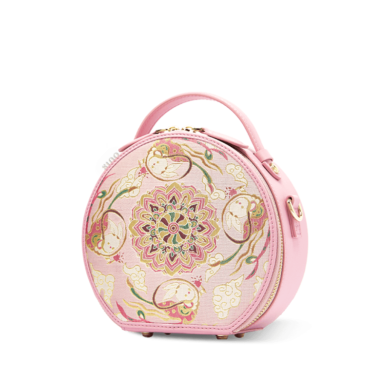 Song Brocade Powder Round Bag Lotus & Lucky Rabbit Pattern - SinoCultural -- P12065502LP-1