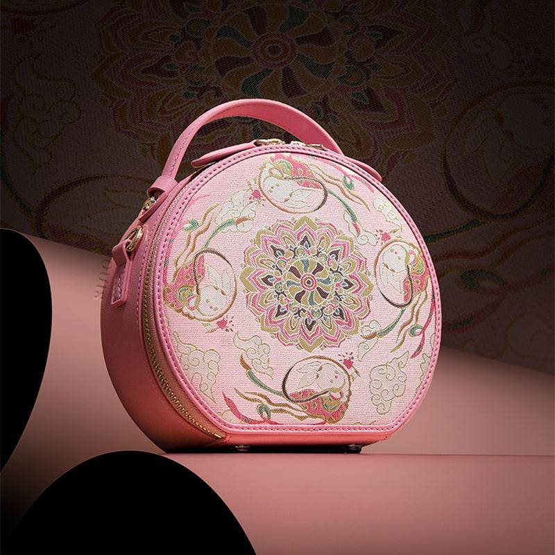 Song Brocade Powder Round Bag Lotus & Lucky Rabbit Pattern - SinoCultural -- P12065502LP-1