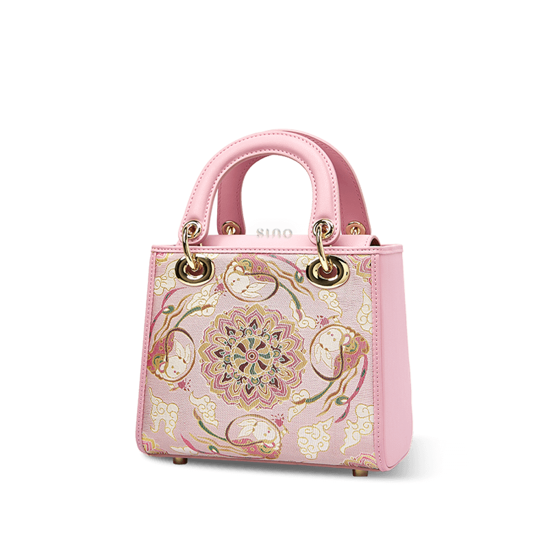 Song Brocade Powder Pink Crossbody Handbag Lotus & Lucky Rabbit Pattern - SinoCultural -- P12065302-1