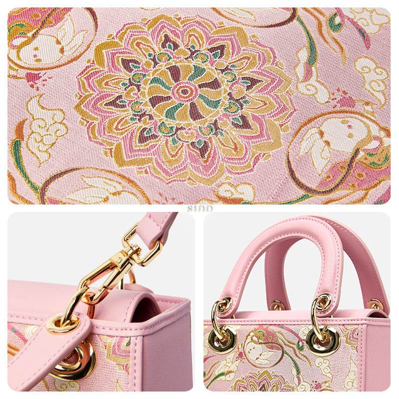 Song Brocade Powder Pink Crossbody Handbag Lotus & Lucky Rabbit Pattern - SinoCultural -- P12065302-1