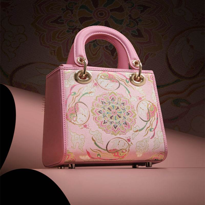 Song Brocade Powder Pink Crossbody Handbag Lotus & Lucky Rabbit Pattern - SinoCultural -- P12065302-1