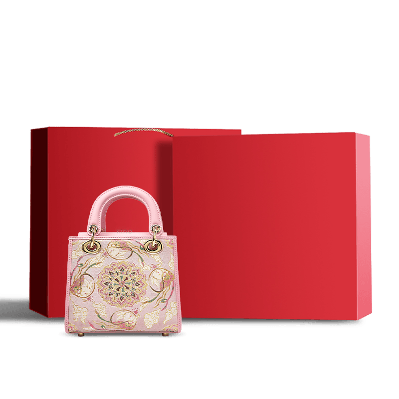Song Brocade Powder Pink Crossbody Handbag Lotus & Lucky Rabbit Pattern - SinoCultural -- P12065302-1