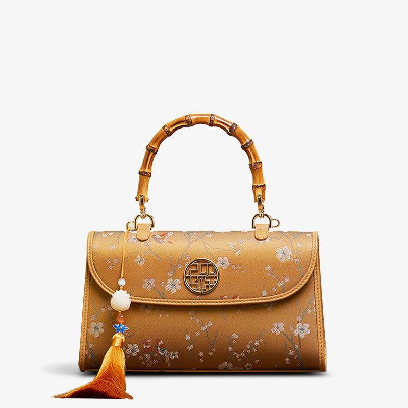 Song Brocade Silk Bamboo Handle Handbag - SinoCultural -- P170079KH-1