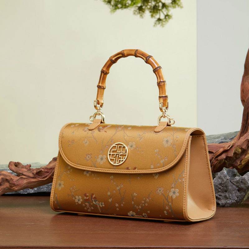Song Brocade Silk Bamboo Handle Handbag - SinoCultural -- P170079KH-1