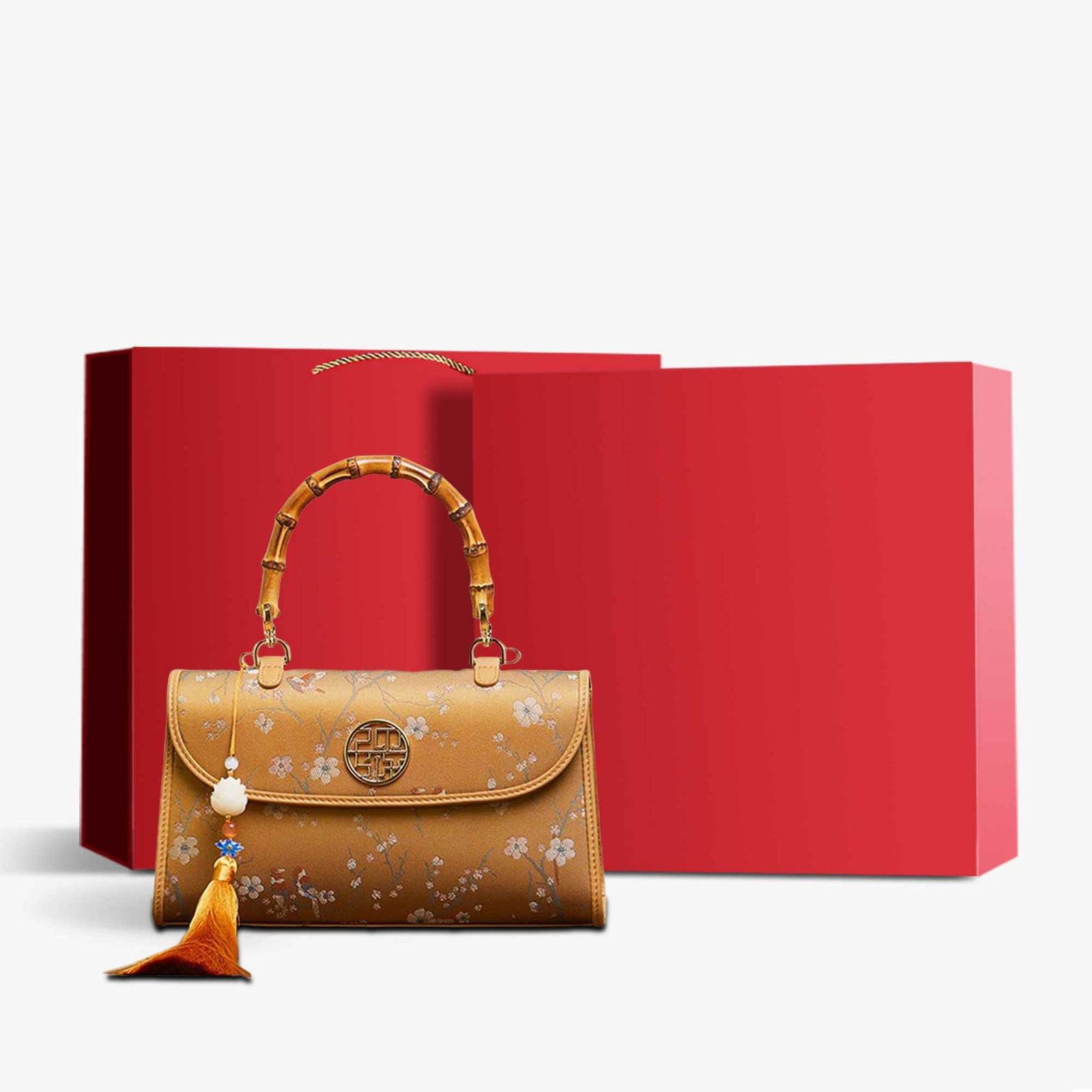 Song Brocade Silk Bamboo Handle Handbag - SinoCultural -- P170079KH-1