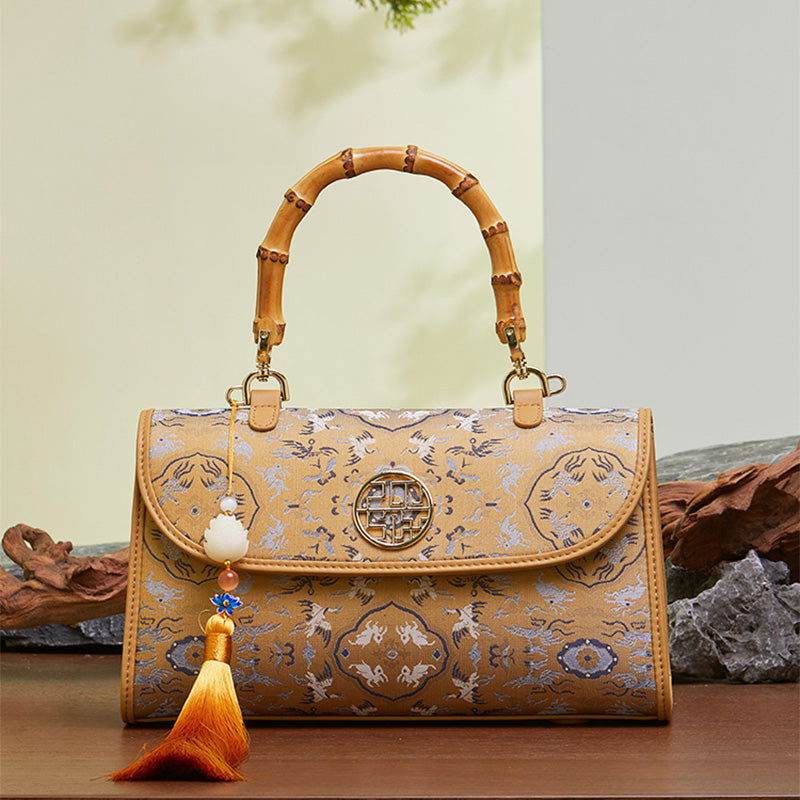Song Brocade Silk Bamboo Handle Handbag - SinoCultural -- P170079KH-2