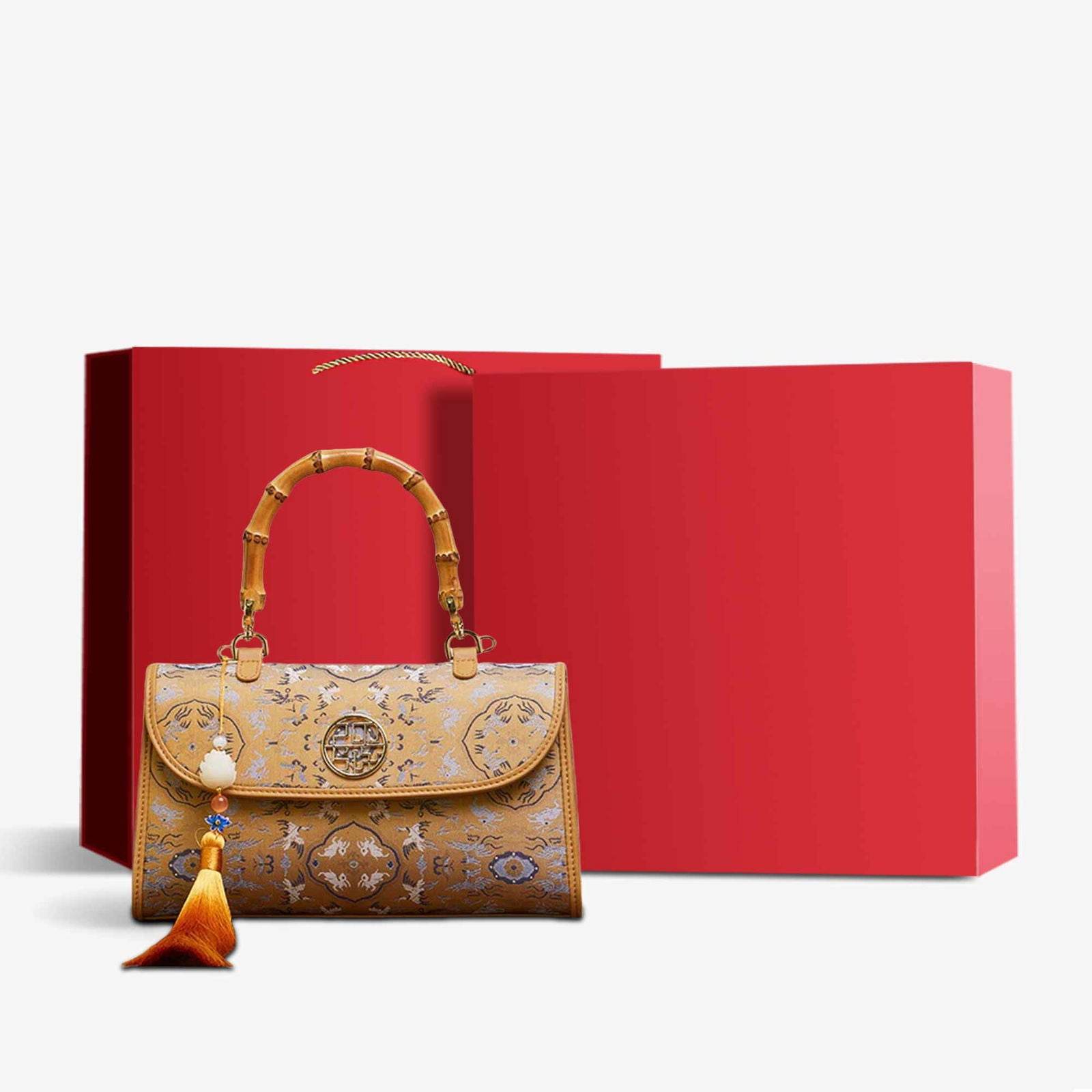 Song Brocade Silk Bamboo Handle Handbag - SinoCultural -- P170079KH-2