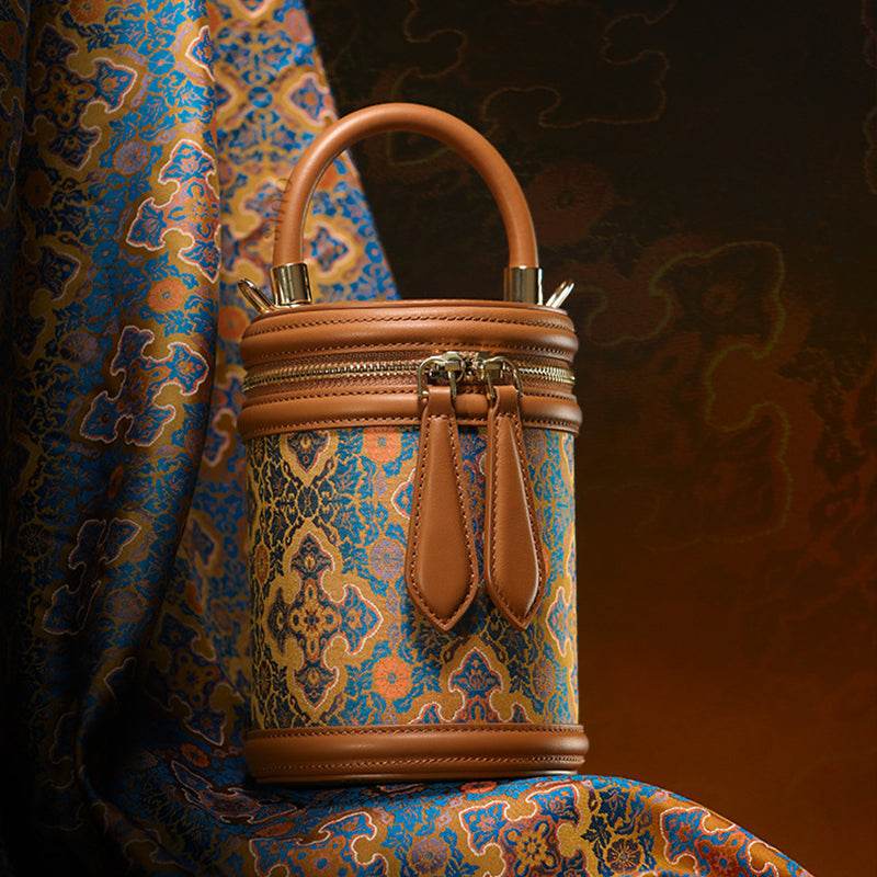 Song Brocade Vintage Bucket Bag Crossbody Bag Four Harmonies and Ruyi Pattern - SinoCultural -- P110179