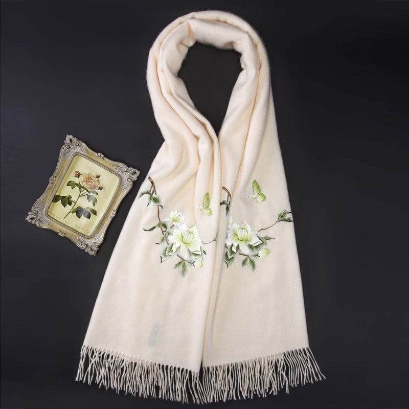 Handcrafted Su Embroidery Cashmere Scarf Luxury 200x70cm - SinoCultural -- HYFSJ020 -