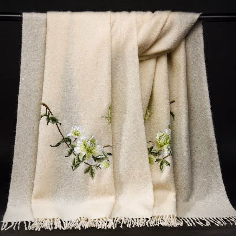 Handcrafted Su Embroidery Cashmere Scarf Luxury 200x70cm - SinoCultural -- HYFSJ020 -