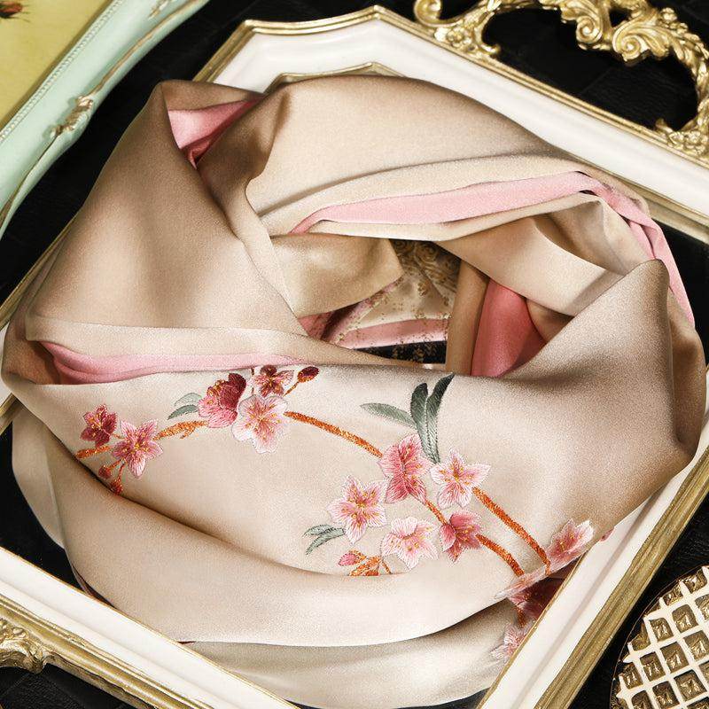 Handcrafted Embroidery Silk Scarf Luxurious 16 Momme Design 155x35cm - SinoCultural -- HYFSJ001-2