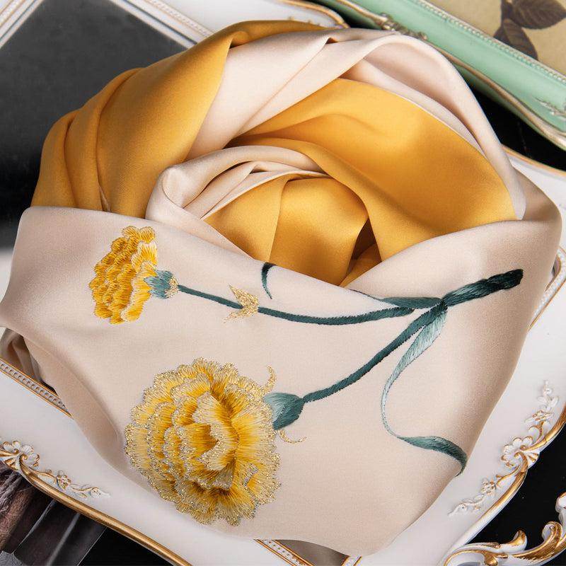 Peony flower hand embroidery detail on silk scarf 155x35cm155x35cm - SinoCultural -- HYFSJ010-1