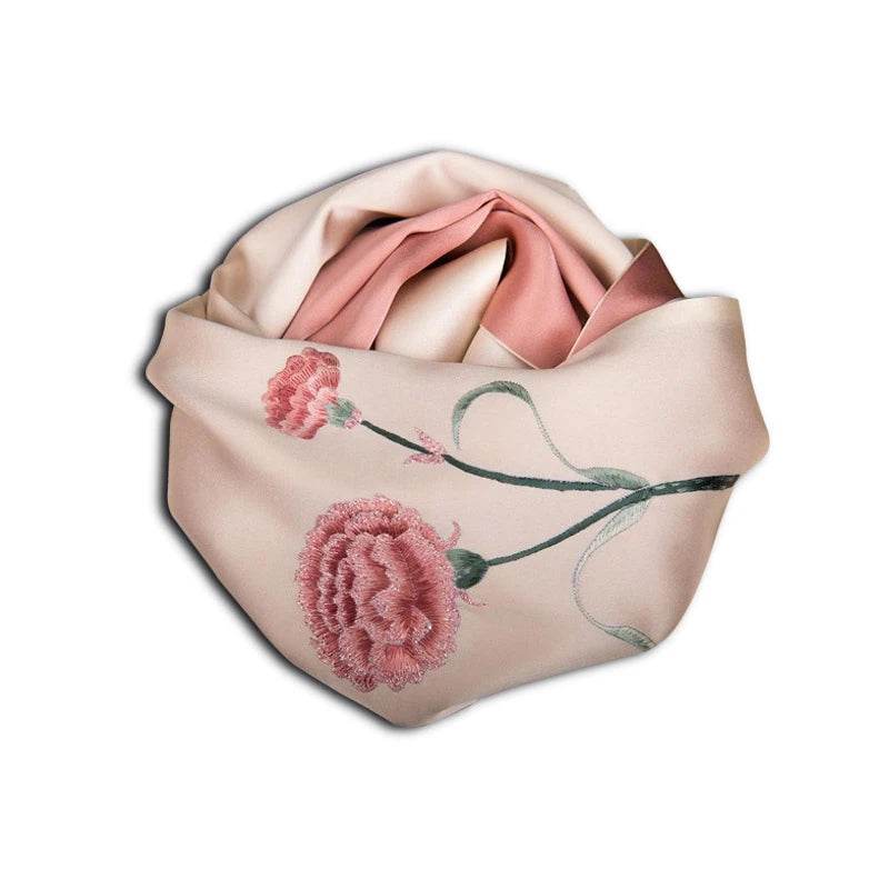 Peony flower hand embroidery detail on silk scarf 155x35cm - SinoCultural -- HYFSJ010-1