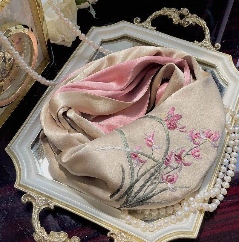 Hand Embroidered Suzhou 16 Momme Silk Scarf Luxury 155x35cm - SinoCultural -- HYFSJ025A01