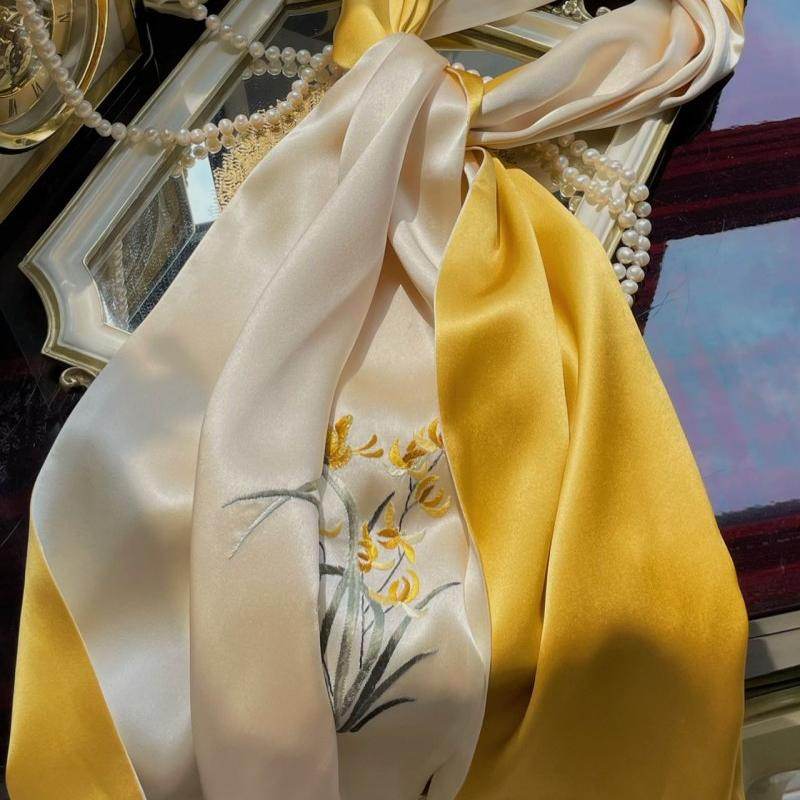 Hand Embroidered Suzhou 16 Momme Silk Scarf Luxury 155x35cm - SinoCultural -- HYFSJ025A01